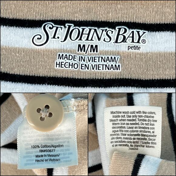 St John's Bay 3/4 Sleeve Boat Neck Top Petite Medium 100% Cotton Stripes - Picture 11 of 15